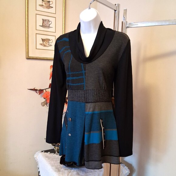 NWT Dolcezza Women's Black Gray Teal Blue Patchwork Blouse Long Sleeve Top 6 S - Picture 3 of 8